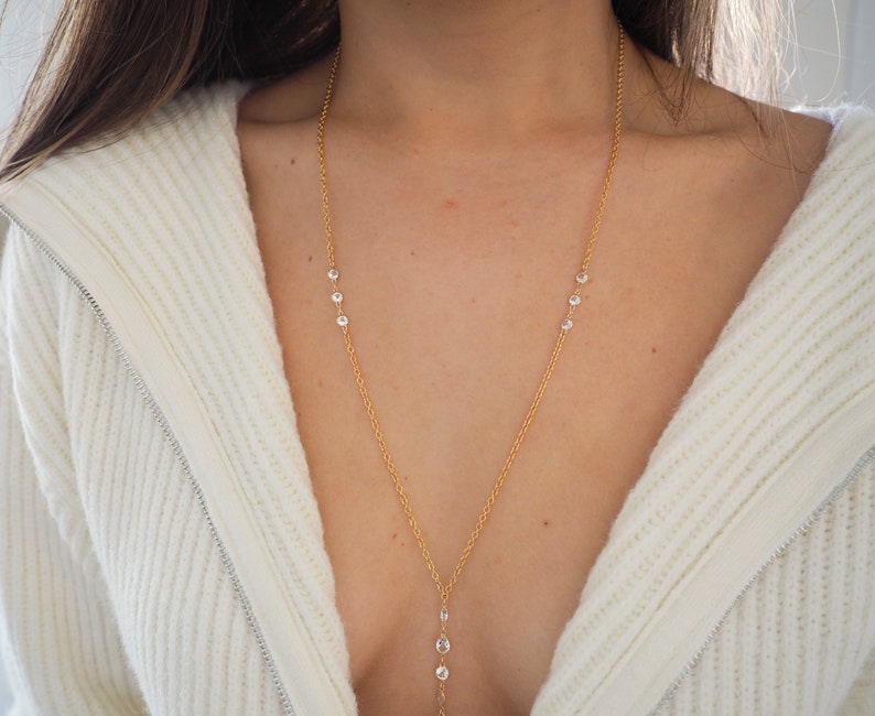 14k Gold Filled & 14k SOLID GOLD White Topaz Shapes Dainty Body Chain VERSION 2.0 image 3