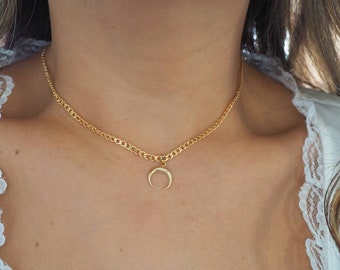 14k Gold Filled with 14k Solid Gold Small Horn Charm Necklace | Flat Slick Curb Chain