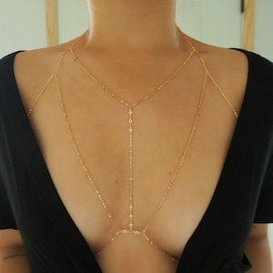 14k Gold Filled T-Row Dainty Halter Top Body Chain with CZ Diamonds