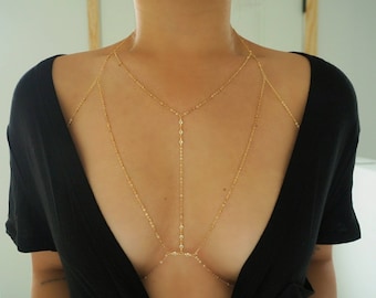 14k Gold Filled T-Row Dainty Halter Top Body Chain with CZ Diamonds