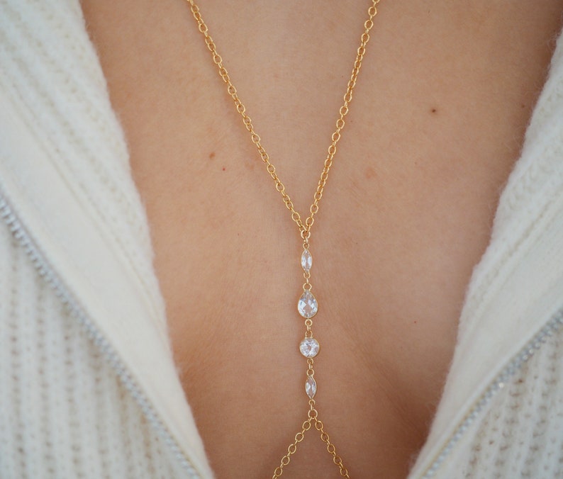 14k Gold Filled & 14k SOLID GOLD White Topaz Shapes Dainty Body Chain VERSION 2.0 image 1