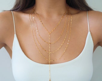 14k Gold Filled Sparkle Bar Chain Multilayer Lariat Necklace