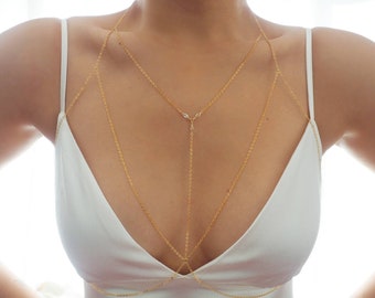 14k Gold Filled with 14k Solid Gold White Topaz T-Row Dainty Chain Bralette Halter Top Body Chain | Chain Bralette