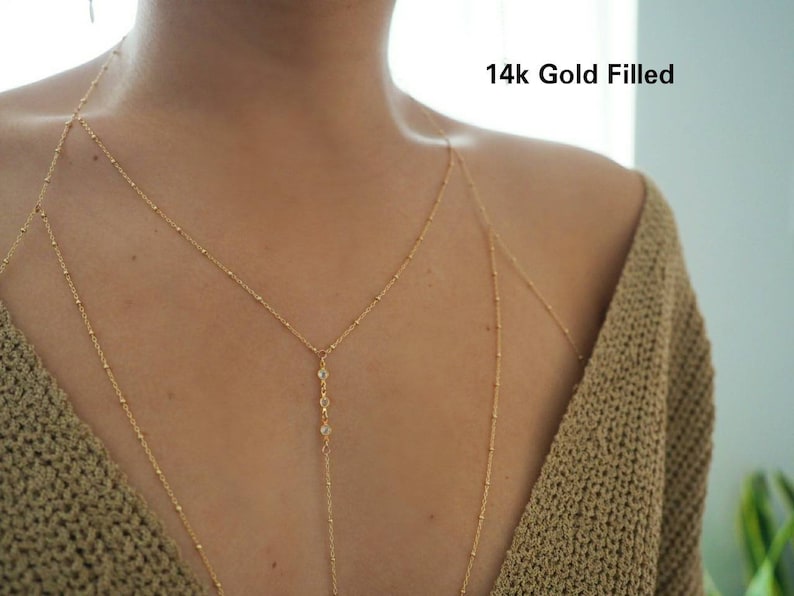 14k Gold Filled T-Row Dainty Halter Top Body Chain withCZ Diamonds image 3