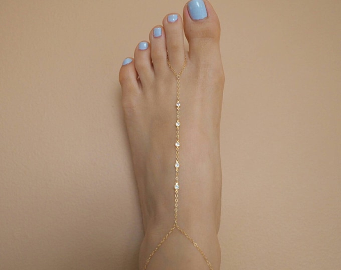 14k Gold Filled 5 Swarovski Crystals Dainty Anklet Foot Piece | | Real Gold Jewelry