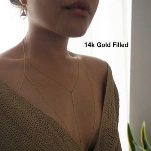 14k Gold Filled T-Row Dainty Halter Top Body Chain withCZ Diamonds image 4