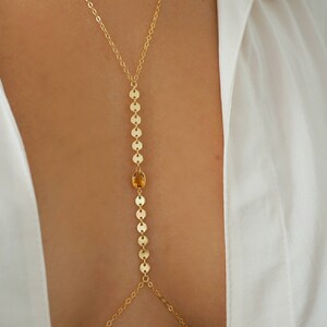 14k Gold Filled with 14k Solid Gold CITRINE Oval Coin Line Dainty Body Chain image 2