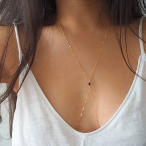 Dainty 14k Gold Filled Body Chain with Solid Gold Pear Garnet