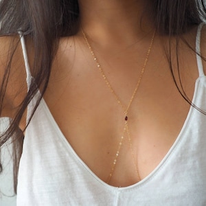 14k Gold Filled with Pear Shaped 14k Solid Gold Garnet Dainty Body Chain