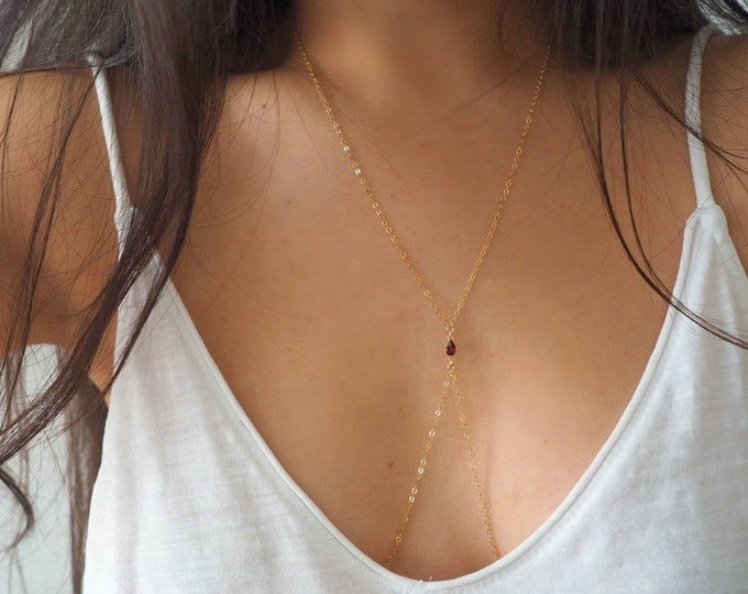 14k Gold Filled with Pear Shaped 14k Solid Gold Garnet Dainty Body Chain | Real Gold Body Chain