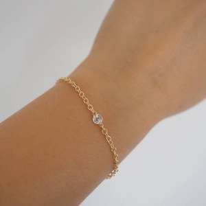 14k Gold Filled with Solid Gold White Topaz Bracelet: Dainty Chain