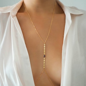 14k Gold Filled with 14k Solid Gold GARNET Oval Coin Line Dainty Body Chain