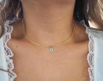 14k Gold Filled with 14k Solid Gold Round Evil Eye Charm Necklace | Flat Slick Curb Chain