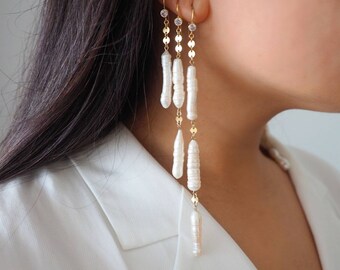 14k Gold Filled Long Freshwater Pearl Dangle Drop Earrings