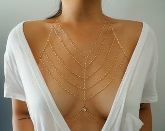 14k Gold Filled Bohemian Tribe Multiple V Dainty Chain Bralette Halter Top Body Chain | Chain Bralette