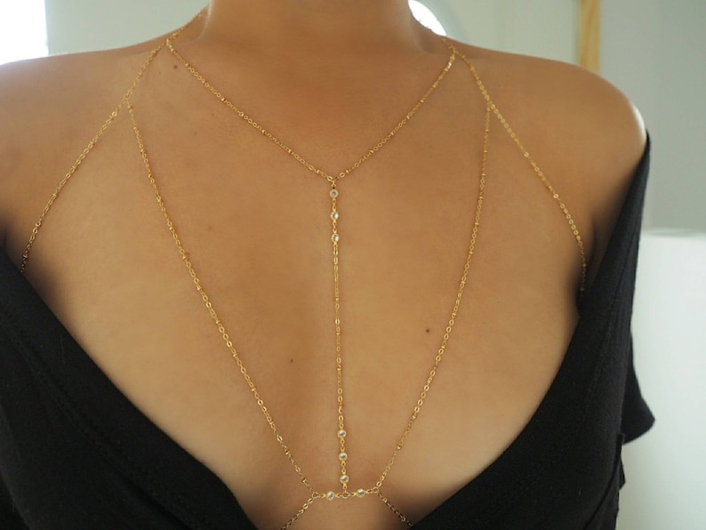 14k Gold Filled T-Row Dainty Halter Top Body Chain withCZ Diamonds image 7