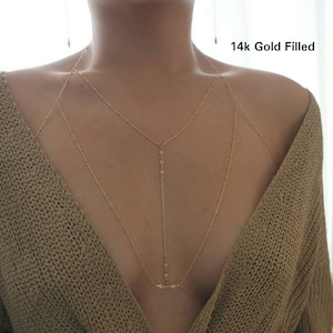 14k Gold Filled T-Row Dainty Halter Top Body Chain withCZ Diamonds image 2