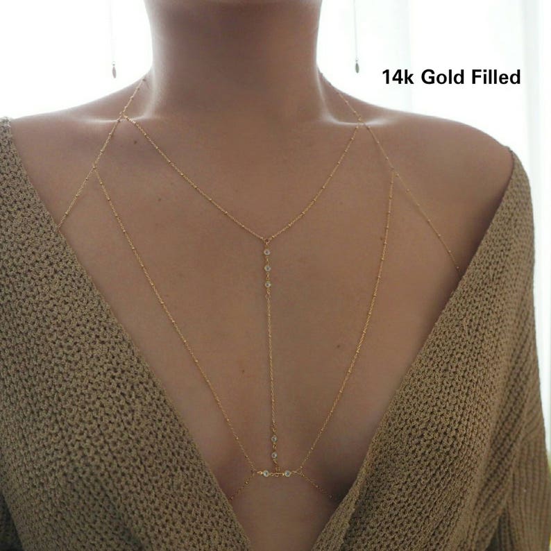14k Gold Filled T-Row Dainty Halter Top Body Chain withCZ Diamonds image 2