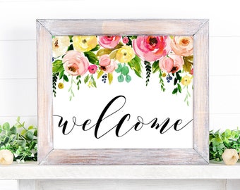 Welcome Printable Flower Print 5x7 8x10 11x14 16x20 24x36 Pastel Floral Welcome Sign Home Decor Floral Decor Calligraphy Art DIY Decor