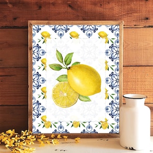Limones y azulejo azul imprimible Vintage cocina signo 5x7 8x10 11x14 16x20 limón decoración verano fruta signo país azul azulejo pared arte DIY Decoración