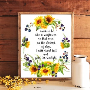 I Want To Be A Sunflower Printable Quote 5x7 8x10 11x14 16x20 Print Sunflower Wreath Summer Berries Inspirational Quote Sign Sunflower Decor