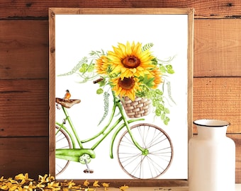 Sunflower Bicycle Printable Bicycle Print Bike Print Summer Home Decor Watercolor Vintage Bicycle 5x7 8x10 11x14 16x20 Sunflowers DIY Decor