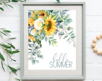 Hello Summer Printable Wall Art Summer Decor Sunflower Sign 5x7 8x10 11x14 16x20 Farmhouse Decor Seasonal Sign Summer Quote DIY Decor
