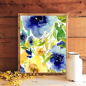 Collage de flores azules y amarillas Arte imprimible 5x7 8x10 11x14 16x20 Decoración de pared de primavera Signo floral de verano Estampados botánicos Decoración de bricolaje