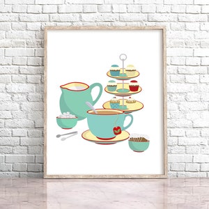 Vintage Tea Printable Kitchen Printable Wall Art Retro Kitchen Decor 5x7 8x10 11x14 16x20 Aqua And Red Kitchen Print Tea Time Cupcakes