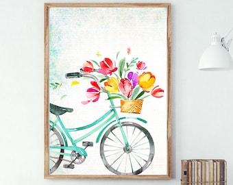 Aqua Floral Bicycle Printable Tulips Wall Art 5x7 8x10 11x14 16x20 18x24 Spring Decor Watercolor Print Rustic Print DIY Decor Bicycle Art