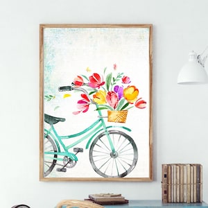 Aqua Floral Bicycle Printable Tulips Wall Art 5x7 8x10 11x14 16x20 18x24 Spring Decor Watercolor Print Rustic Print DIY Decor Bicycle Art
