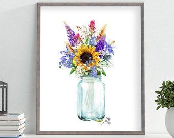 Wildflower Printable Bouquet Print 4x6 5x7 8x10 11x14 16x20 Mason Jar Floral Sign Farmhouse Decor Sunflower Wall Art Home Decor DIY Decor