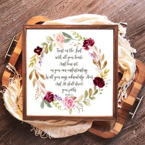 Proverbs 3:5-6 | Trust in the Lord, Watercolor Floral Wreath, SQUARE Scripture Print (Digital Download)