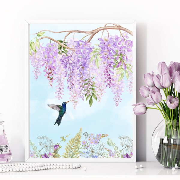 Spring Blooms Printable Wall Art 5x7 8x10 11x14 16x20 Easter Decor Spring Sign Floral Purple Wisteria Hummingbird Print DIY Decor
