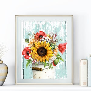 Summer Floral Printable Sunflower Bouquet Wall Art 5x7 8x10 11x14 16x20 Poppies Sign Summer Flowers Farmhouse Decor Rustic Aqua Wood