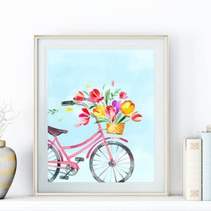 Pink Bicycle with Tulips Watercolor Print (Digital Download)