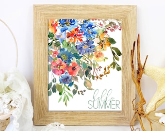 Hello Summer Floral Watercolor Print, Seasonal Wall Decor (Digital Download)