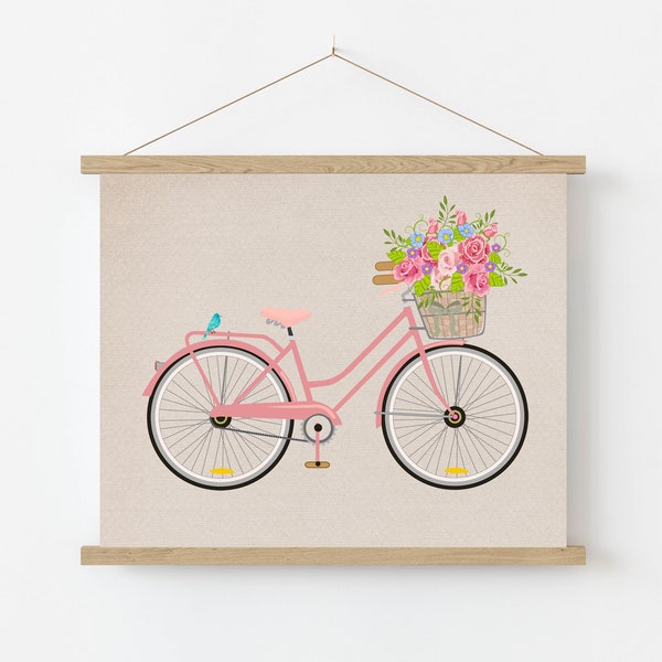 Bicycle Printable Pink Bike Art Flower Basket Nursery Teen Decor Pink Nursery Art Office Spring Sign 5x7 8x10 11x14 16x20 DIY Decor