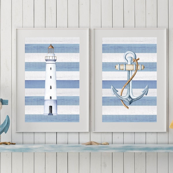 Nautical Printable Set Lighthouse Anchor Print Set of Two 8x10 and 11x14 Beach House Signs Nautical Decor Coastal Prints Home Decor Wall Art