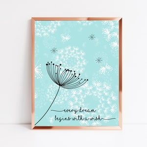 Every Dream Begins With A Wish Dandelion Printable Motivational Quote Inspirational Quote Print 5x7 8x10 11x14 16x20 Aqua Decor DIY Decor