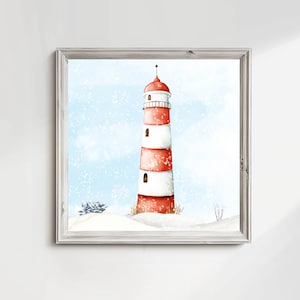 Winter Lighthouse SQUARE Printable 4x4 up to 20x20 Nautical Wall Art Snowy Lighthouse Sign Watercolor Coastal Seasonal Print Holiday Decor