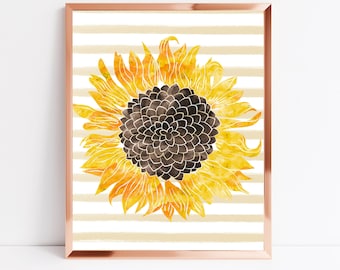 Sunflower Printable Watercolor Tan Stripes Floral Print Art Wall Art Home Office Decor Floral Nursery 5x7 8x10 11x14 16x20 DIY Decor