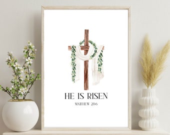 He Is Risen Printable Wall Art Watercolor Easter Art Print 5x7 8x10 11x14 16x20 Matthew 28:6 Resurrection Easter Decor Easter Sign DIY Decor