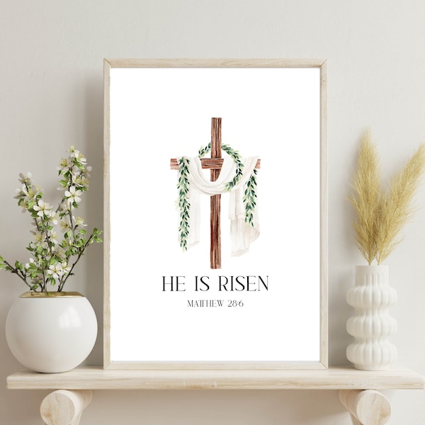 He Is Risen Printable Wall Art Watercolor Easter Art Print 5x7 8x10 11x14 16x20 Matthew 28:6 Resurrection Easter Decor Easter Sign DIY Decor