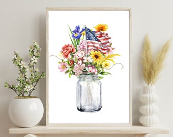 Blumenstrauß zum Ausdrucken, Blumenstrauß der USA, Wandkunst, 5 x 7, 8 x 10, 11 x 14, 16 x 20, Sommerblumen, Bauernhaus-Dekoration, amerikanische Flagge, Blumenschild