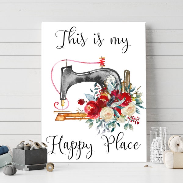 This Is My Happy Place Printable Craft Room Sign Sewing Print Sewing DIY Decor Craft Room Decor 5x7 8x10 11x14 16x20 Sewing Nook Red Floral
