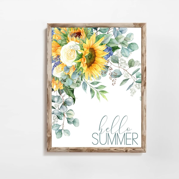 Hello Summer Printable Wall Art Summer Decor Sunflower Sign 5x7 8x10 11x14 16x20 Farmhouse Decor Seasonal Sign Summer Quote DIY Decor