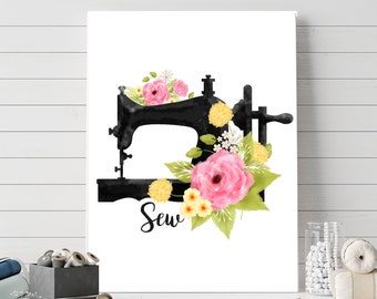 Sew Printable Art Vintage Sewing Printable Craft Room Sign Decor Sewing Room Print Floral Sewing Machine 5x7 8x10 11x14 16x20 DIY Decor