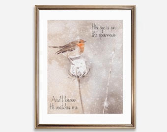 Su mirada está en el gorrión / Himno, decoración cristiana, arte mural de aves invernales (descarga digital)
