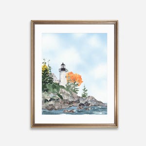 Impresión de acuarela de faro otoñal, decoración costera otoñal (descarga digital)